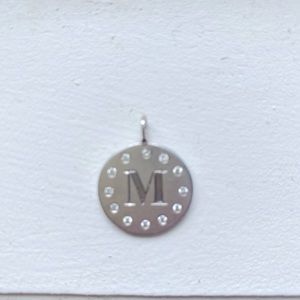 14k white gold, genuine diamond initial (M) charm. tcw 1/4 carat.